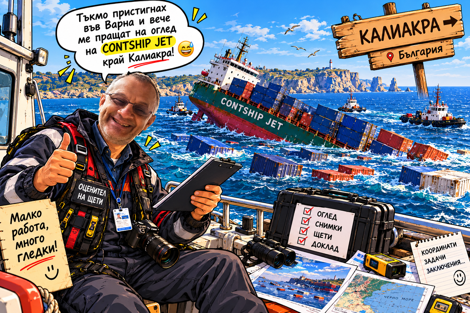 Хумористична илюстрация за пристигането във Варна и задачата за оглед на контейнер край Калиакра